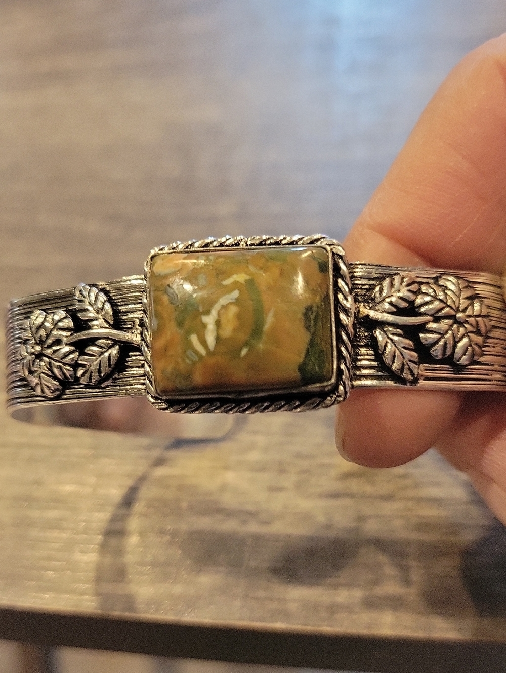 Cuff Sterling Silver W/ Ocean Jasper Stone & Flowers/ GUC - Picture 2 of 6